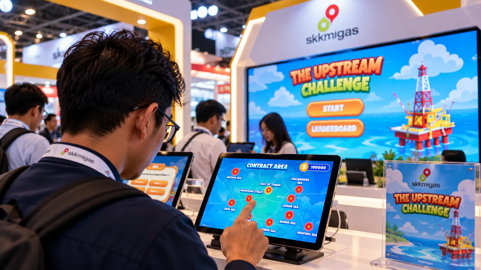 Visitors playing at the SKK Migas booth