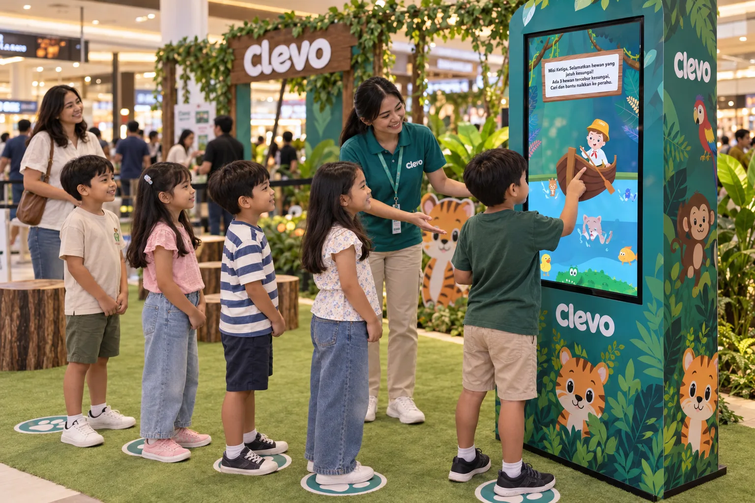 Kids queueing at the Clevo booth